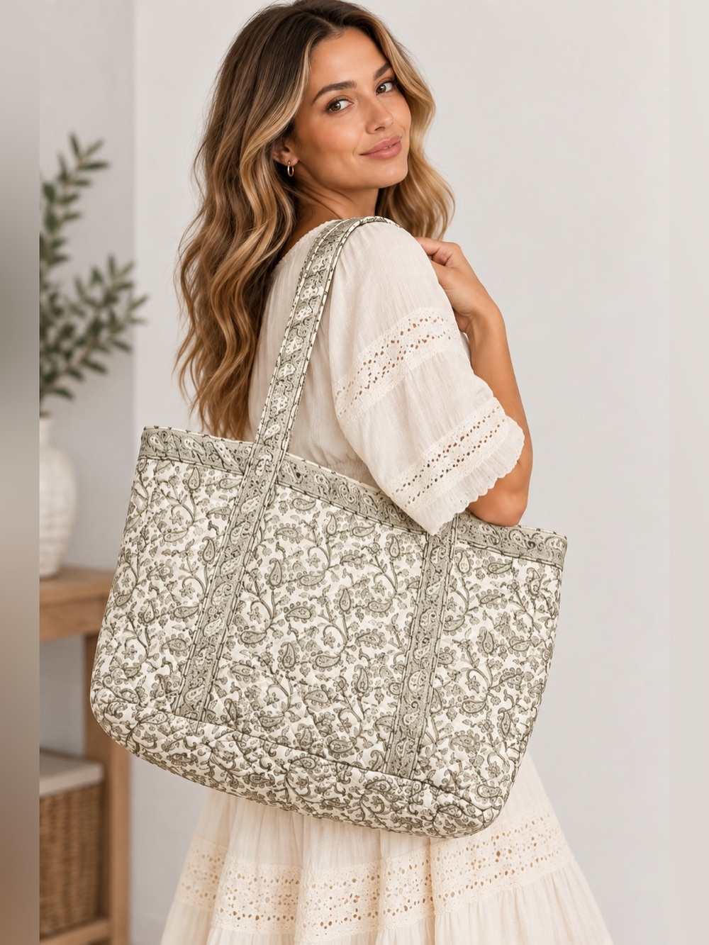 POL BOHO Quilted Floral Tote Bag in Cream and Gray - Women's Shoulder Bag